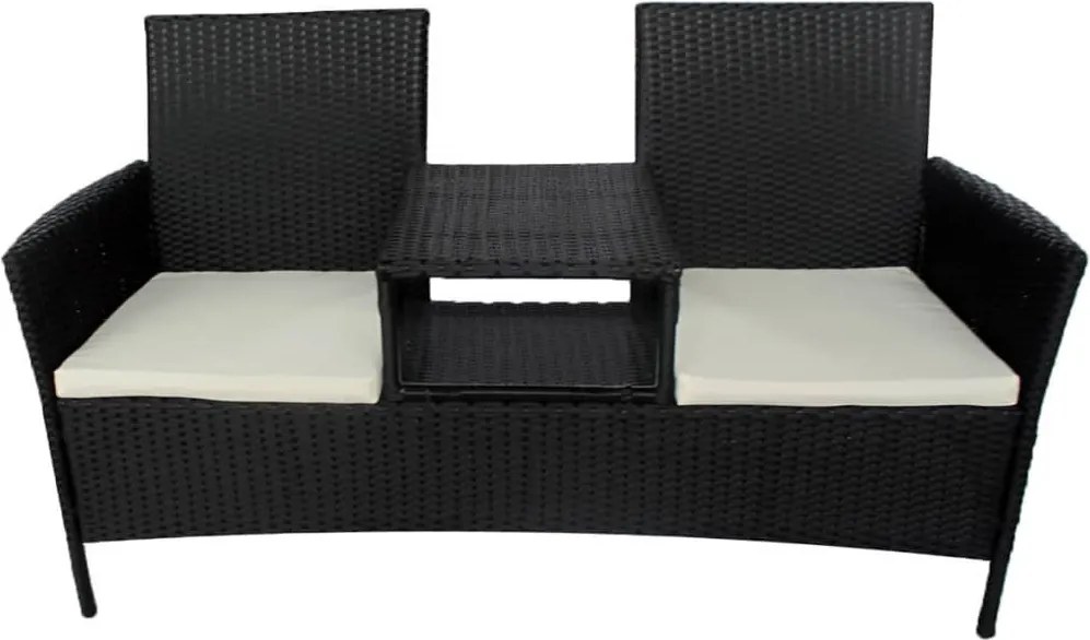 vidaXL Canapea de grădină cu 2 locuri, măsuță de ceai, negru poliratan