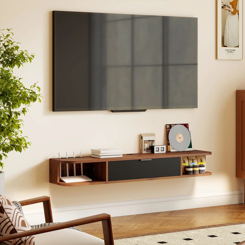 HOMCOM Mobilier TV Suspendat, Suport TV Până la 50" cu Sertar Rabatabil, 2 Rafturi Deschise și Orificiu pentru Cabluri, Mobilier pentru Televizor pentru Sufragerie, Dormitor și Sală de Stat, 120x24x16 cm, Nuc | Aosom Romania