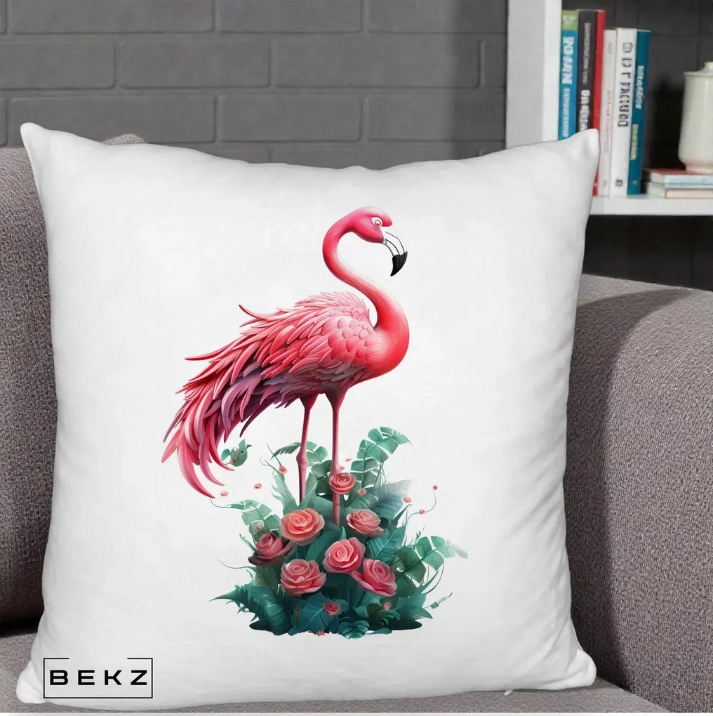 Perna Decorativa Flamingo cu Trandafiri Tropicali, 40x40 cm, Alb Pufos, Husa Detasabila, Perna Inclusa, BEKZ®