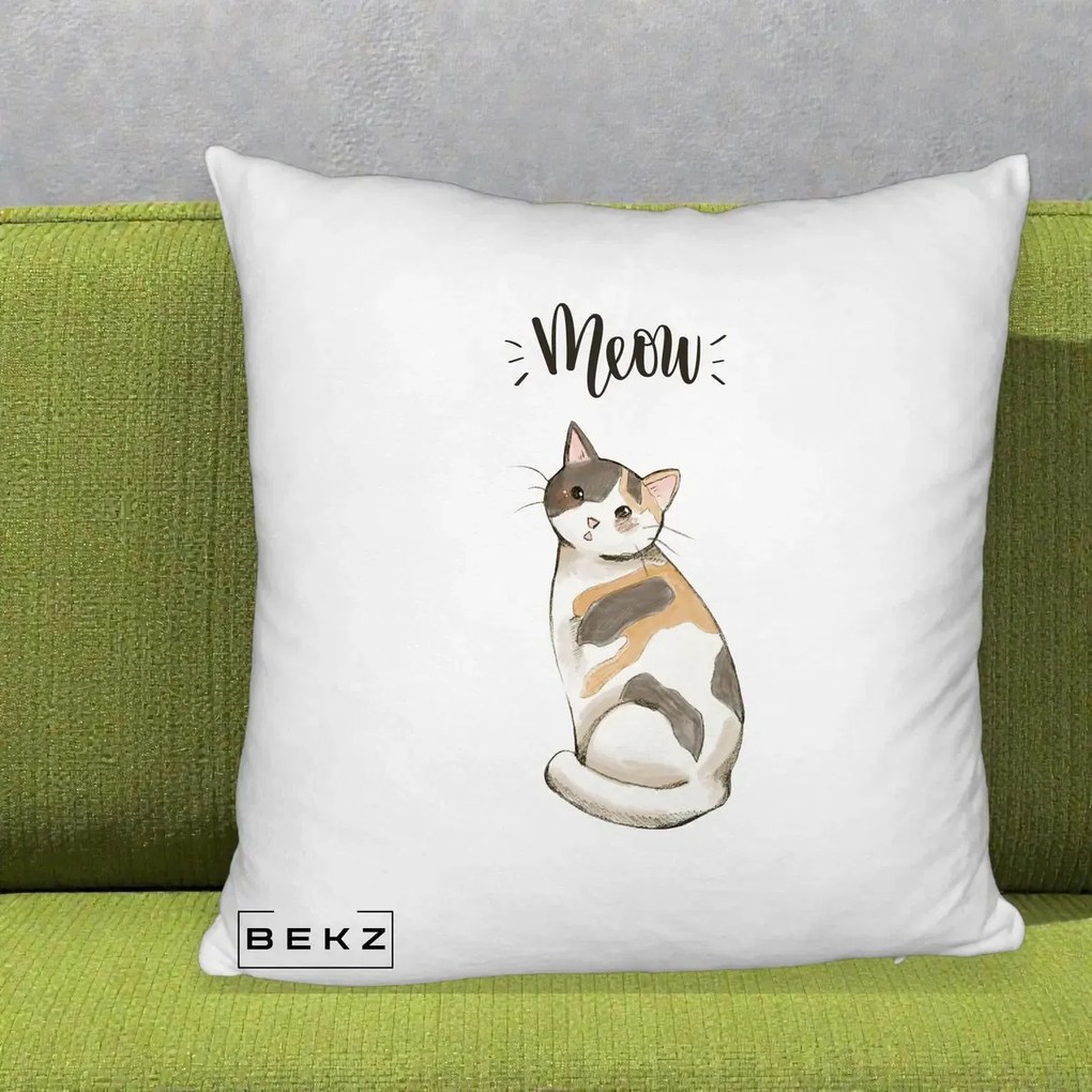 Perna Personalizata Pisica Meow Acuarela, 40x40 cm, Alb Pufos, Husa Detasabila, Perna Inclusa, BEKZ®