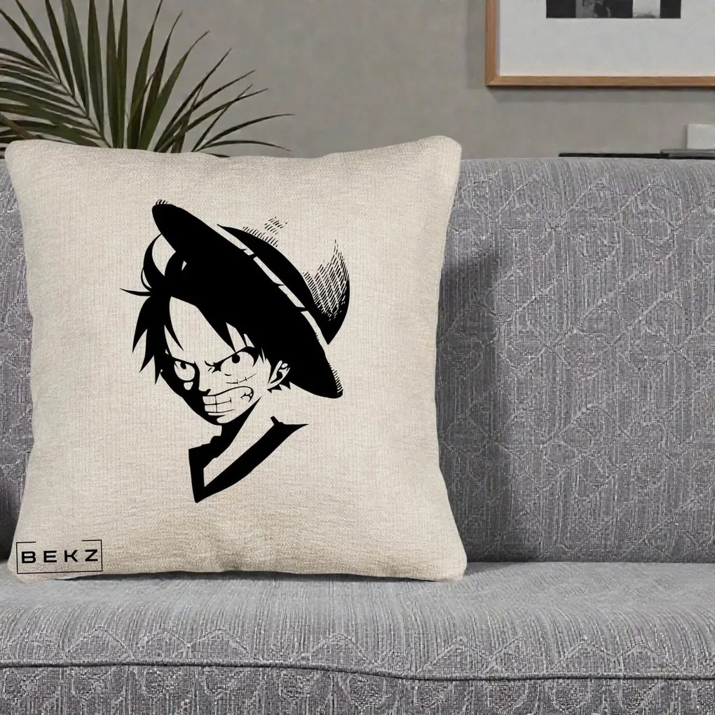 Perna Personalizata One Piece Luffy Silueta Alb-Negru, 40x40 cm, Bej Canapea, Husa Detasabila, Perna Inclusa, BEKZ®