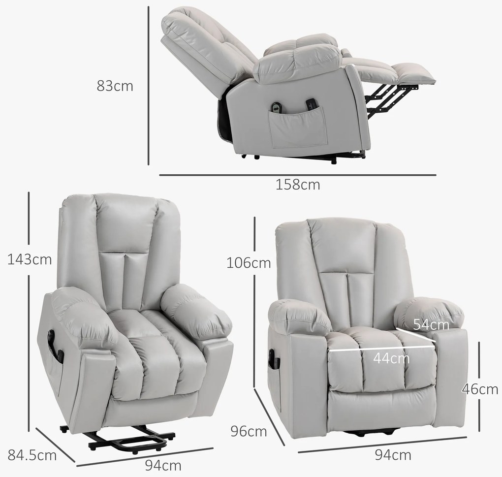 HOMCOM Fotoliu de masaj Relaxsessel seniorensessel, telecomandă, buzunare laterale, 94 cm x 96 cm x 106 cm, Gri | Aosom Romania