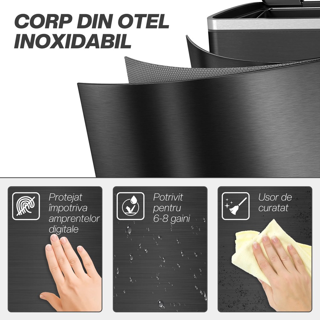 HOMCOM Coș de Gunoi cu 2 Secțiuni de 20L cu Pedală și Capac cu Închidere Moale, din Oțel Inoxidabil și PP, 40x34.8x59 cm, Negru | Aosom Romania