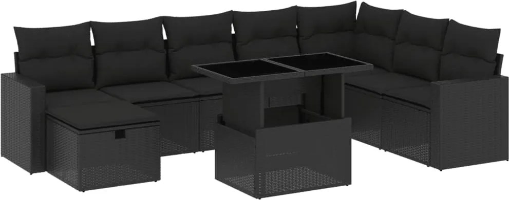 vidaXL Set mobilier de grădină cu perne, 9 piese, negru, poliratan