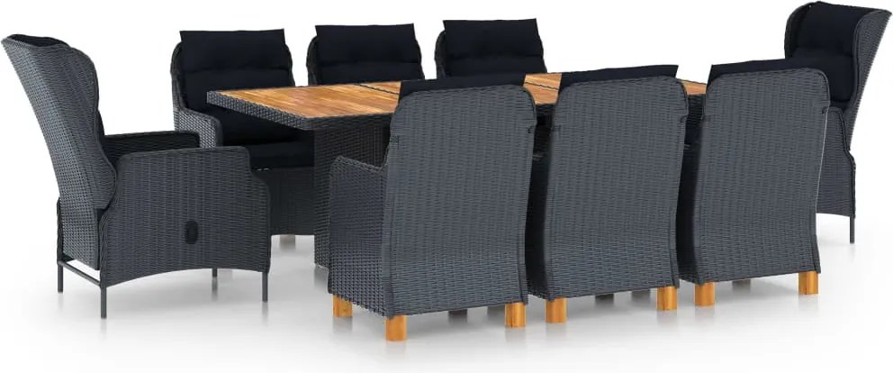 vidaXL Set mobilier exterior cu perne, 9 piese, gri închis, poliratan