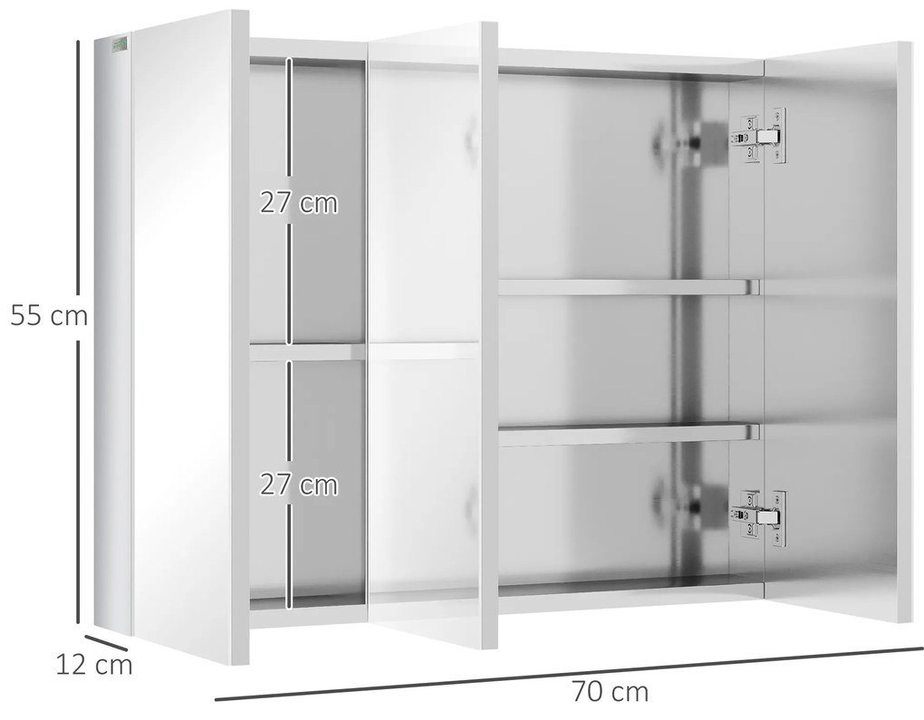 kleankin Spiegelschrank, dulap de baie, 3 uși cu oglindă, 5 rafturi interioare, oțel inoxidabil, Culoare: Argintiu, 70 x 12 x 55 cm | Aosom Romania