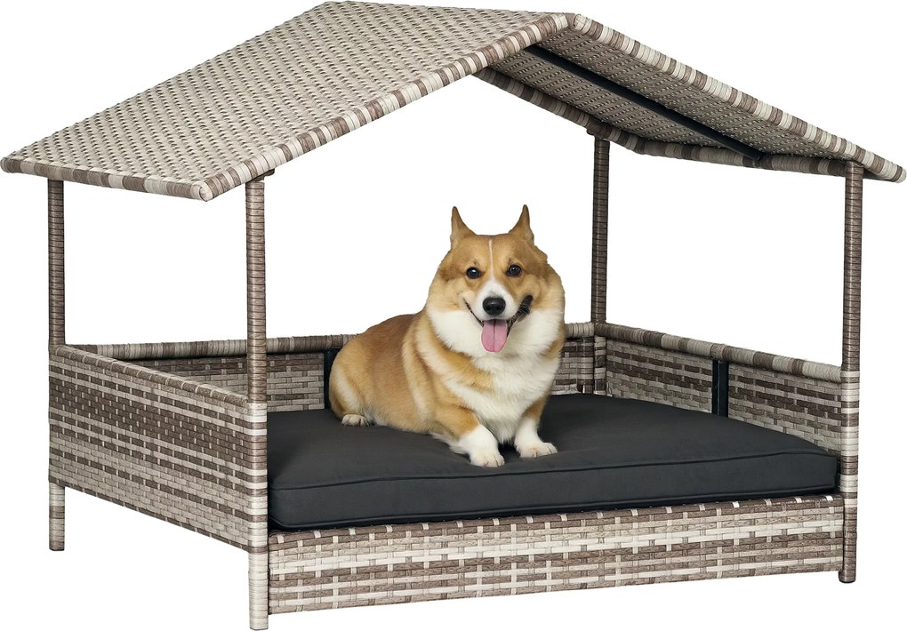 PawHut Căsuță pentru câini Pat pentru animale Coș pentru câini, rezistent la intemperii, poster detașabil, Gri | Aosom Romania