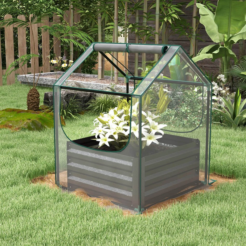 Outsunny Pătrat pentru grădină cu mini-seră, jardiniere ridicată din oțel galvanizat, 70 x 70 x 90 cm, gri închis | Aosom Romania