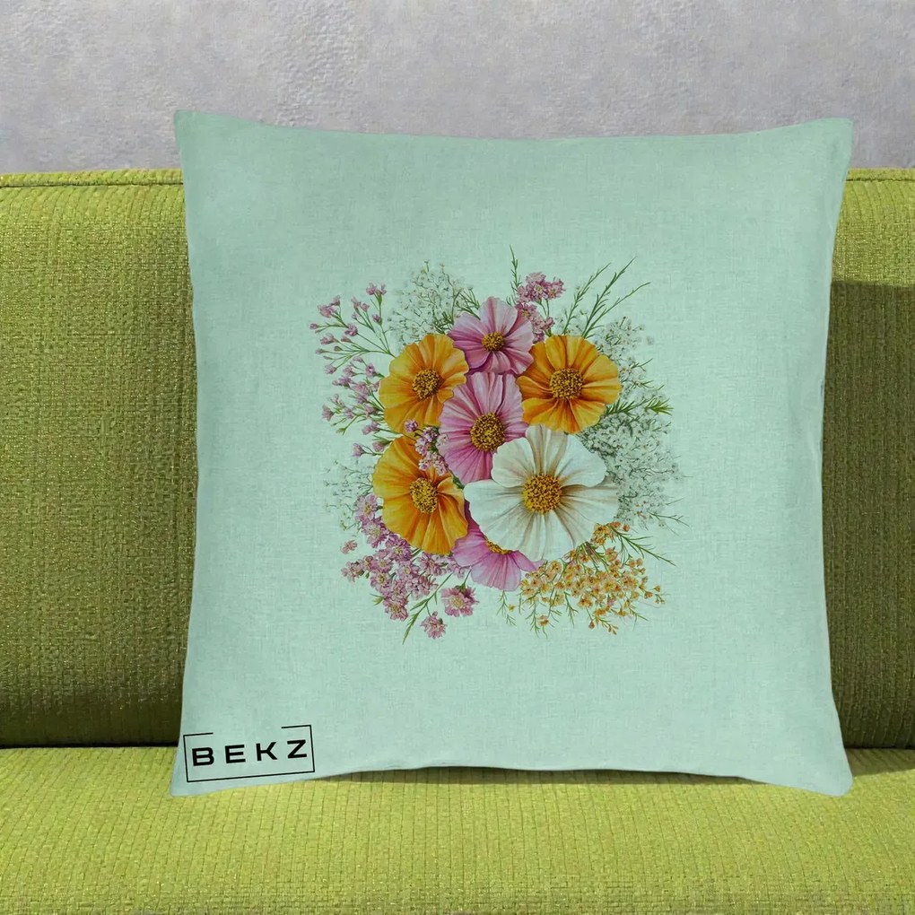 Perna Decorativa Buchet Cosmos Portocaliu Roz si Alb, 40x40 cm, Verde Menta, Husa Detasabila, Perna Inclusa, BEKZ®