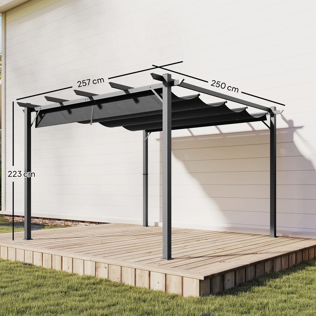 Outsunny Pergolă de Grădină 3x3 m cu Acoperiș Retractabil Protecție UPF30+ Drenaj Cadru din Aluminiu pentru Patio Exterior Gri Închis | Aosom Romania