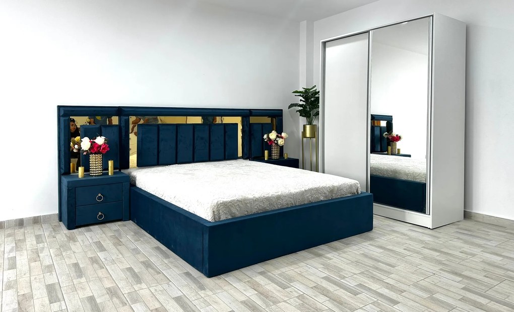 Dormitor Napoli, culoare albastru / alb, cu pat Napoli 160 x 200 cm, dressing Erika 150 cm si 2 noptiere Napoli