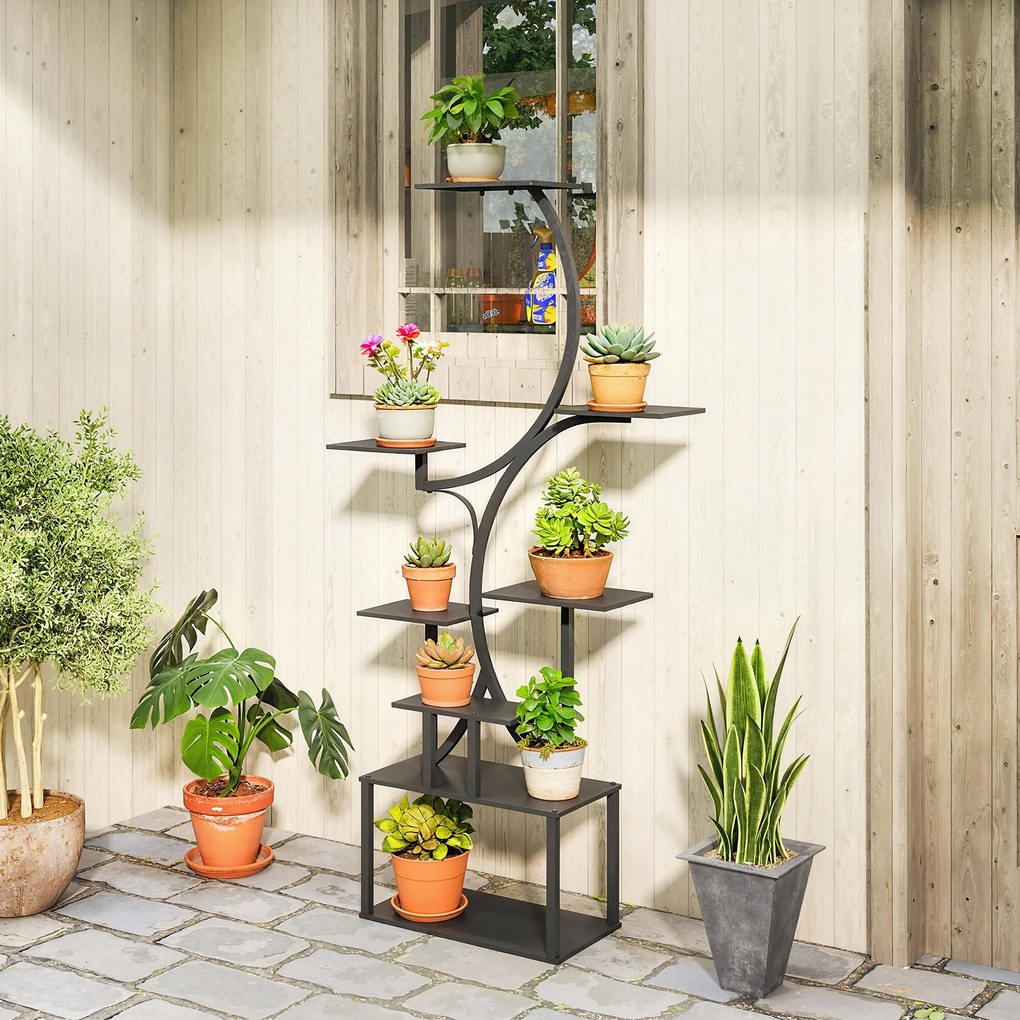 Outsunny Suport pentru Plante cu 8 Rafturi în Formă de S, Suport Ghivece Metalic pentru Interior și Exterior, pentru Grădină, Balcon, Terasă, Cameră de Zi, 74x26x158,5 cm, Negru | Aosom Romania