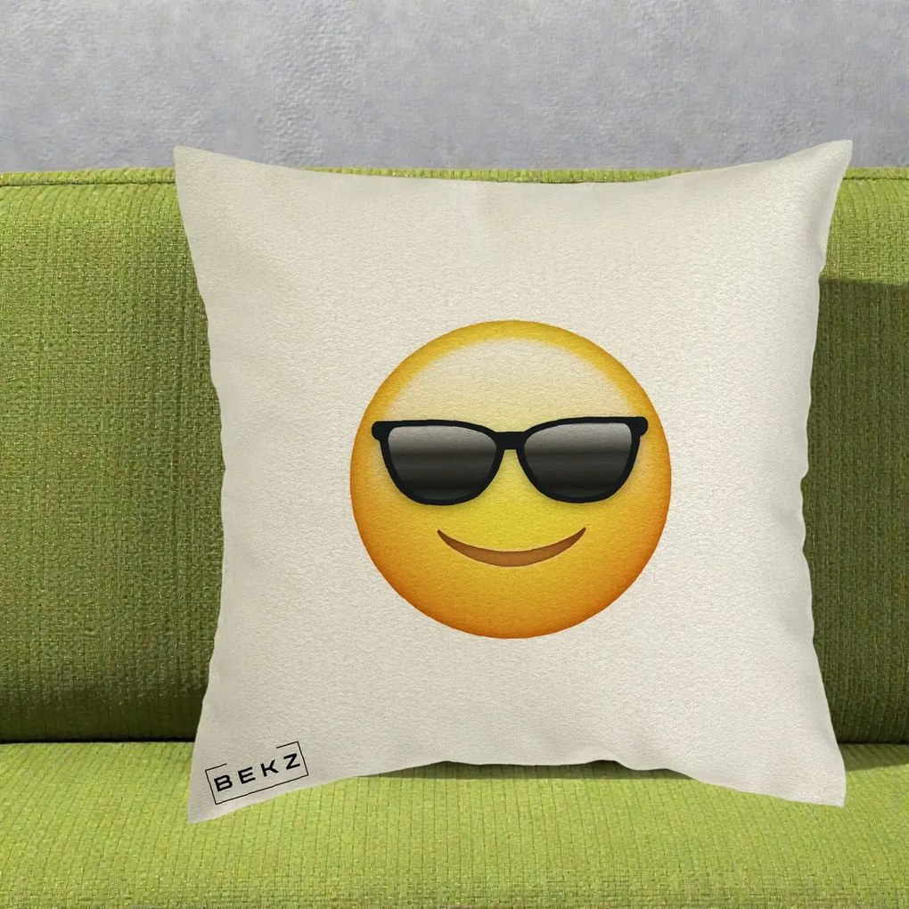 Perna Decorativa Emoji Cool Ochelari, 40x40 cm, Ecru, Husa Detasabila, Perna Inclusa, BEKZ®