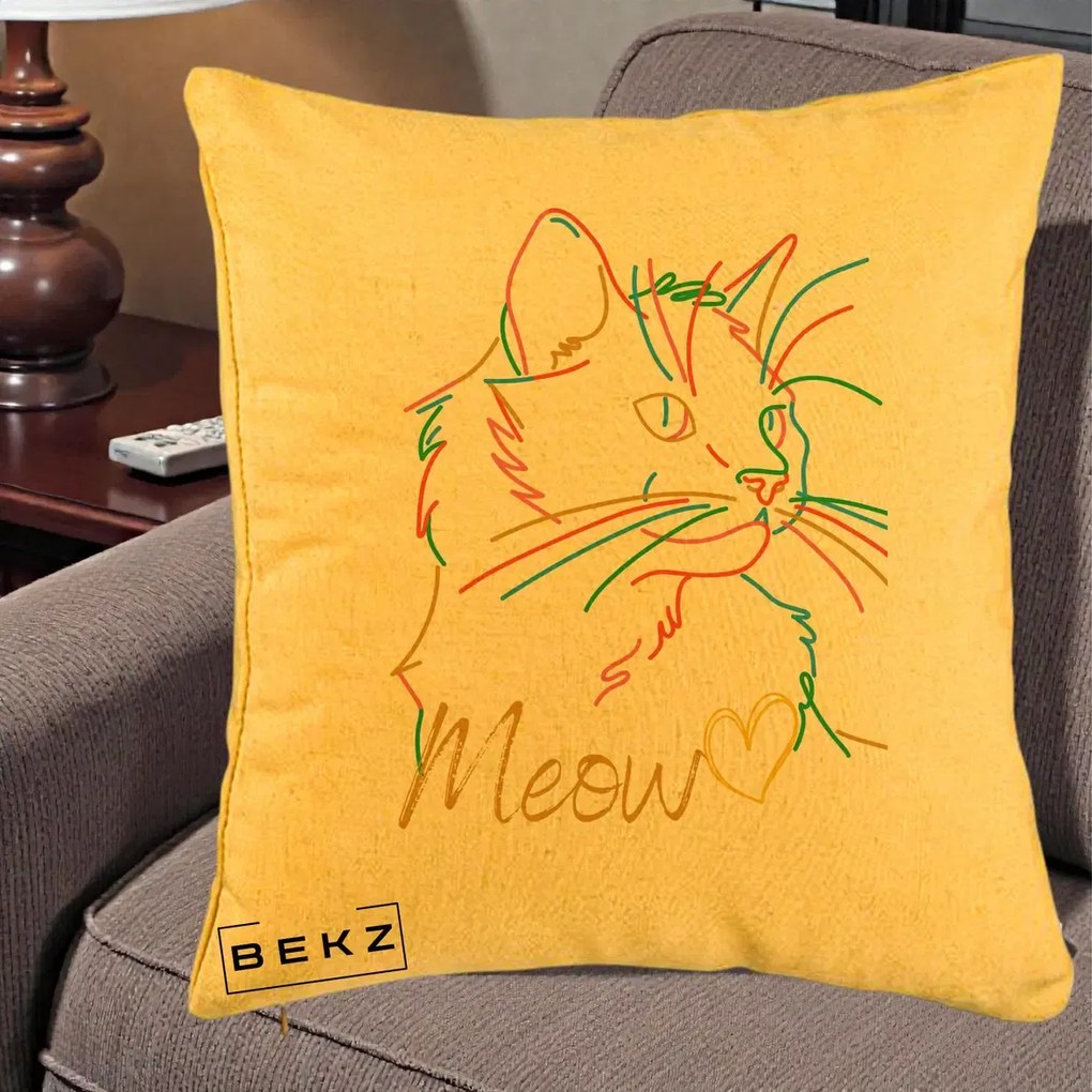 Perna Personalizata Pisica Meow Arta Linie Colorata, 40x40 cm, Galben, Husa Detasabila, Perna Inclusa, BEKZ®