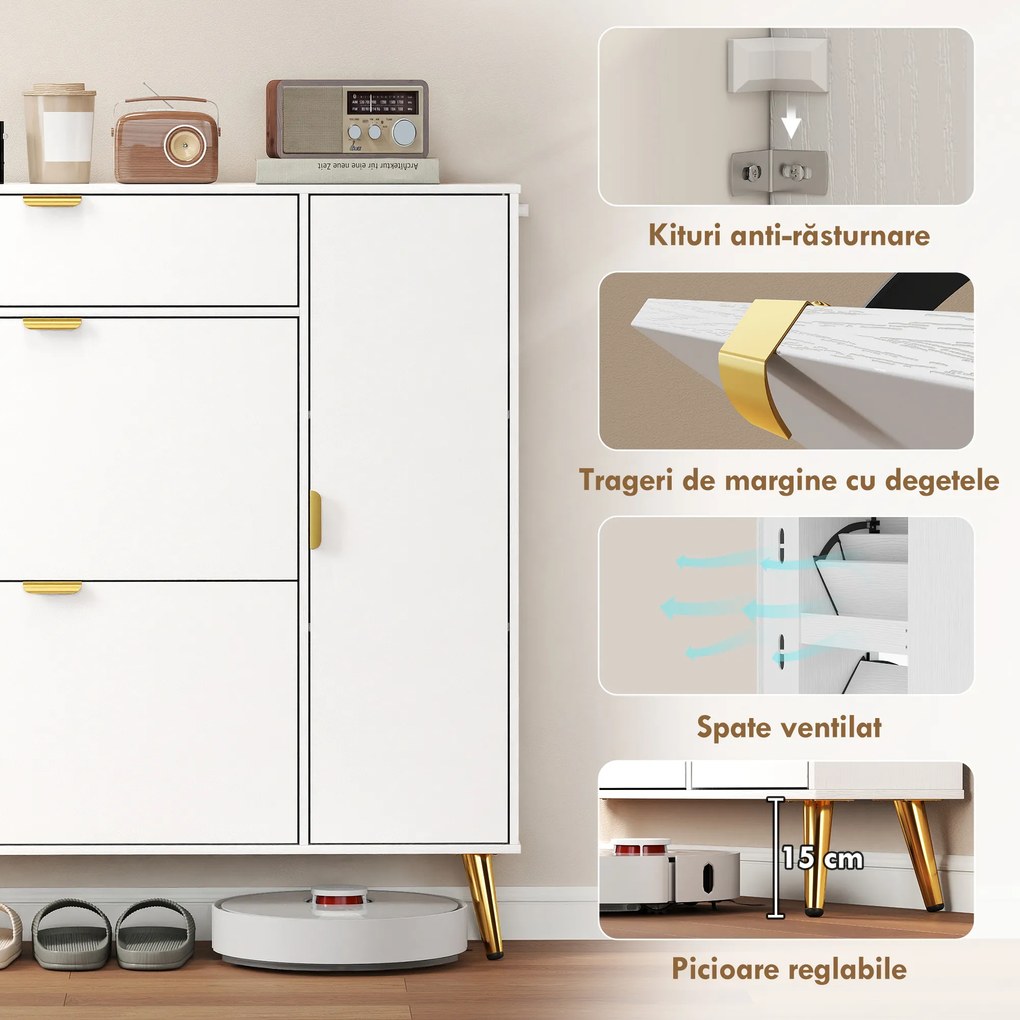 HOMCOM Dulap pentru Pantofi Slim cu Uși Rabatabile, Rafturi Reglabile, pentru 12 Perechi, Alb | Aosom Romania