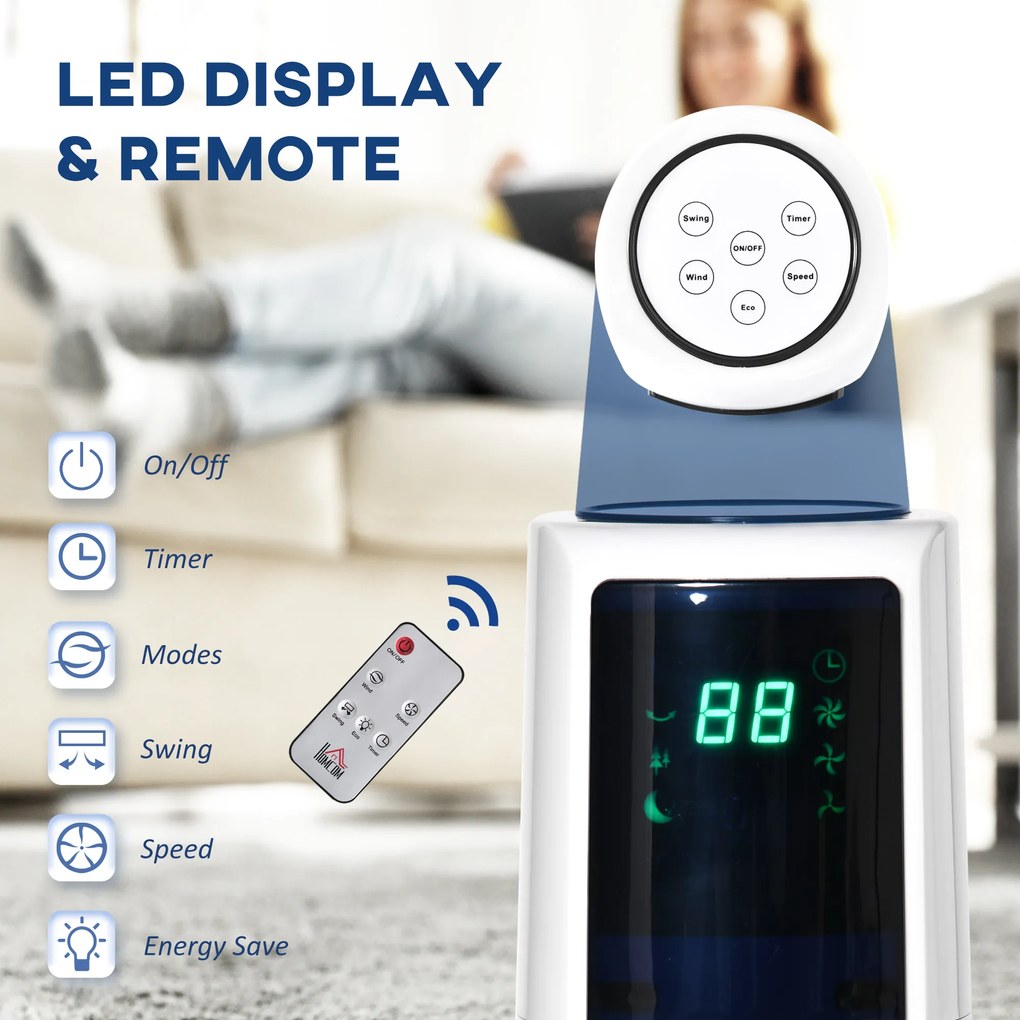 HOMCOM Ventilator Turn cu 3 Moduri și 3 Viteze cu Cronometru 12h, Ventilator de Podea ABS cu Telecomandă, Ø32x118.2 cm, Alb | Aosom Romania
