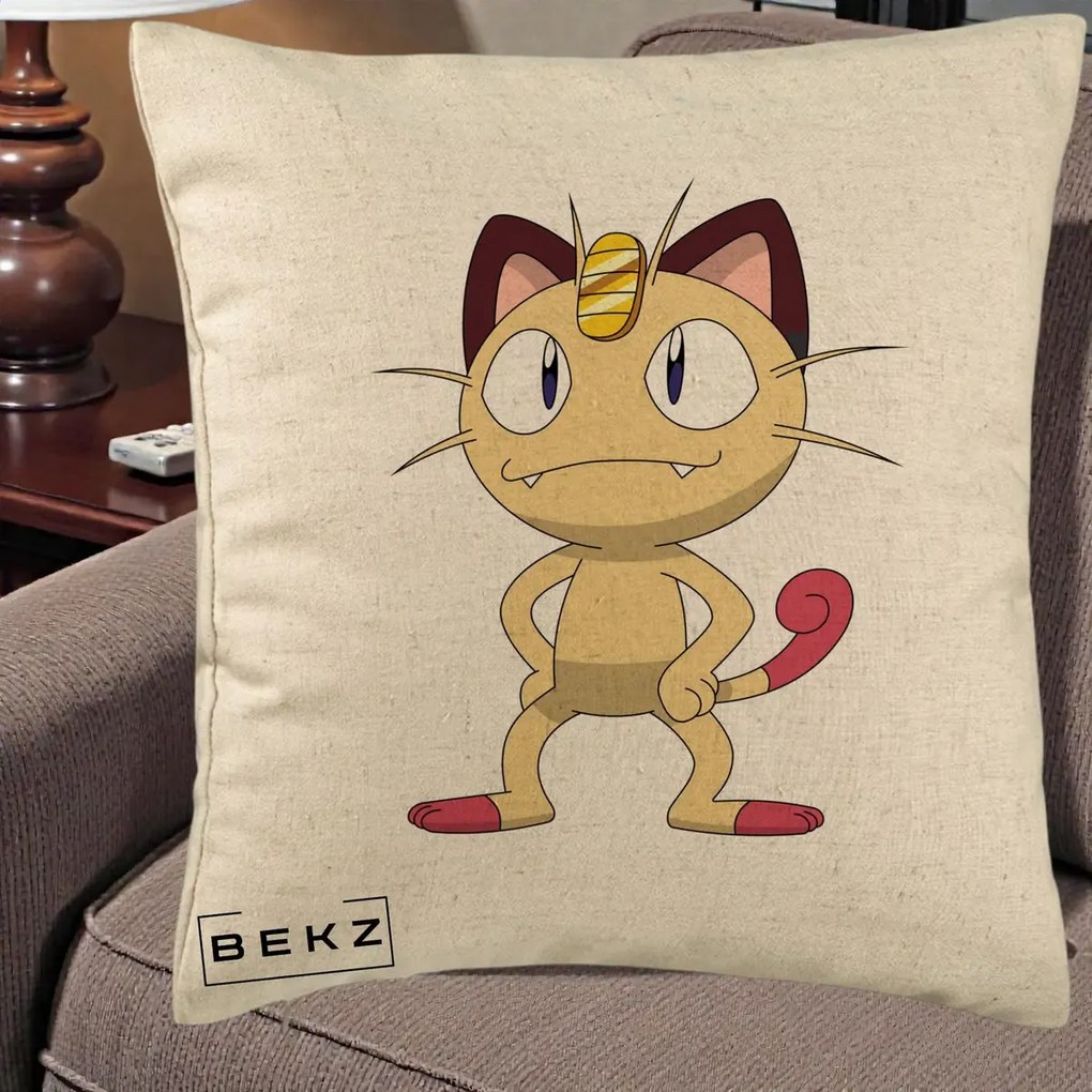 Perna Personalizata Meowth Pokemon, 40x40 cm, Bej, Husa Detasabila, Perna Inclusa, BEKZ®
