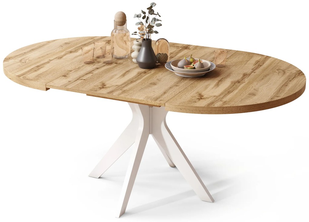Mazzoni RENZO Stejar Wotan/picior alb - MASĂ ROTUNDĂ Ø110 EXTENSIBILĂ PÂNĂ LA 180 cm | PENTRU BUCĂTĂRIE SUFRAGERIE LIVING RETRO