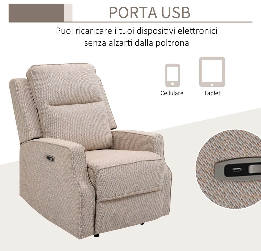 HOMCOM Fotoliu Electric, Fotoliu Rabatabil la 150° Modern cu USB pentru Camera de Zi, Dormitor, 84x94x102 cm, Bej | Aosom Romania