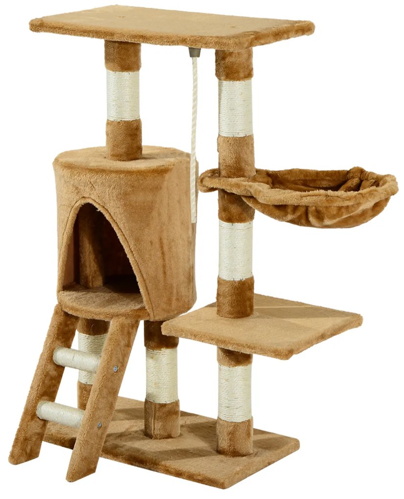 PawHut Arbore pentru pisici Răzuitoare 55x30x95 cm cu Cuib Platformă Casetă Scară Sfoară de Joc Placă de Lemn și Acoperit cu Catifea Maro | Aosom Romania