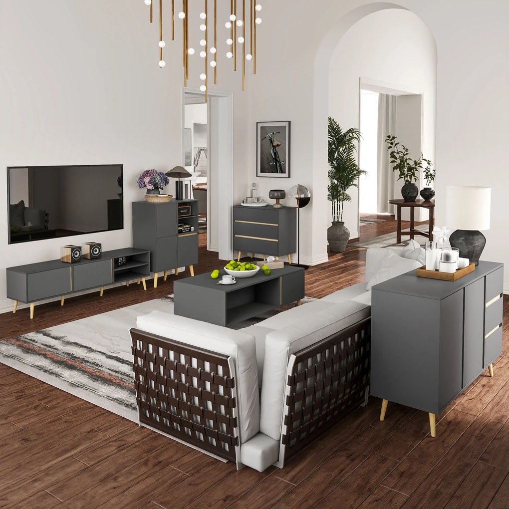 HOMCOM Mobilier TV pentru televizoare de până la 139,7 cm scandinav 2 uși 2 nișe cu treceri pentru cabluri 150 x 35 x 45 cm gri închis | Aosom Romania