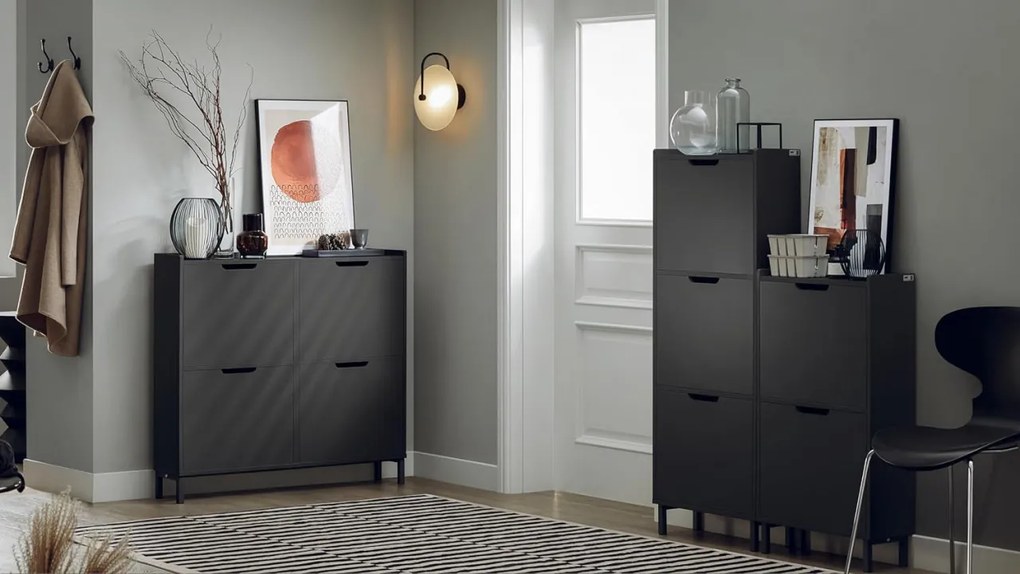 PANN1 - Pantofar 50 cm foarte ingust, 2 compartimente, pantofare, depozitare pantofi, mobilier hol - Negru