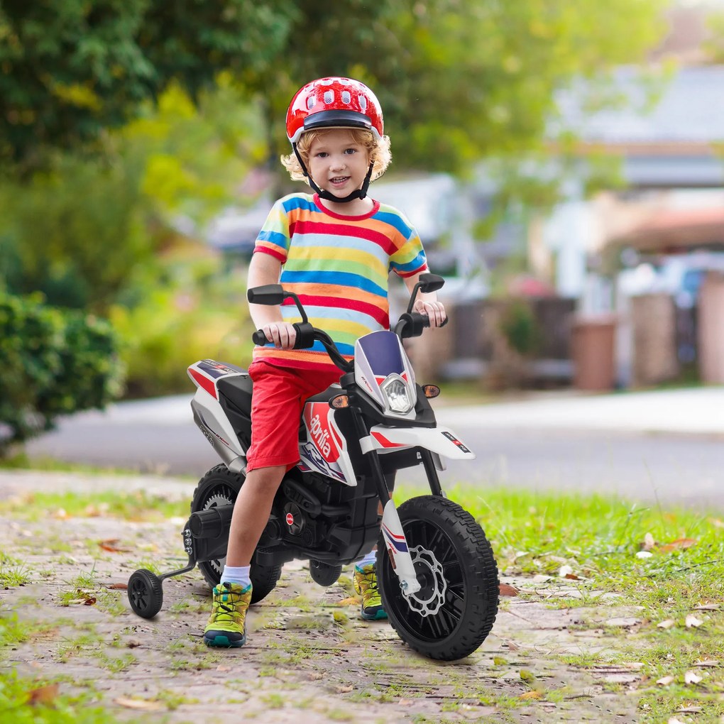AIYAPLAY Motocicletă electrică pentru copii 12V, 37-96 luni, 2 motoare, roți ajutătoare detașabile, 30 kg, albă | Aosom Romania