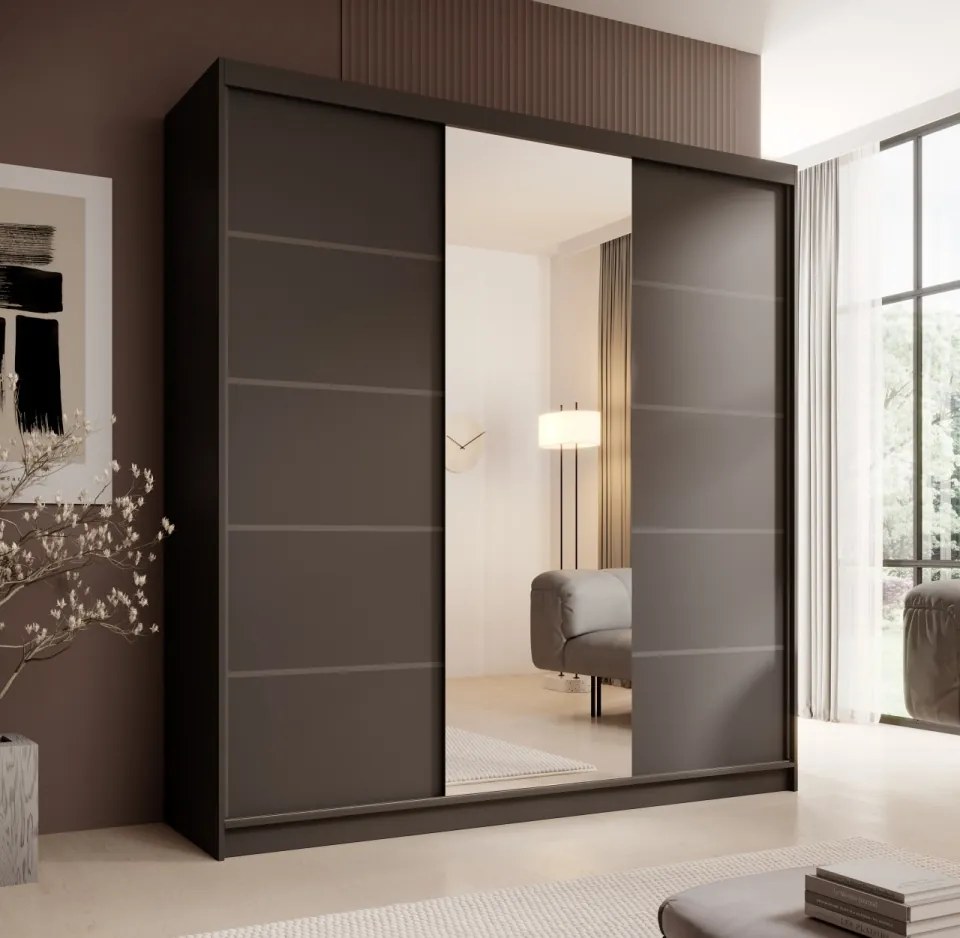 Dulap cu usi glisante si oglinda, 200x58x215 cm, Sonic 200, ADRK Furniture (Culoare: Alb / Negru)