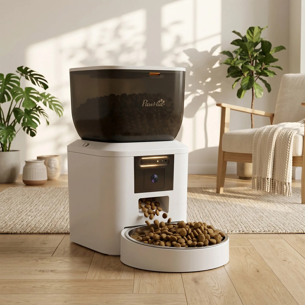 PawHut Distribuitor Automat de Hrană pentru Pisici și Câini 4L, WiFi 2,4G, Control din Aplicație cu Cameră, Bol, Alb | Aosom Romania
