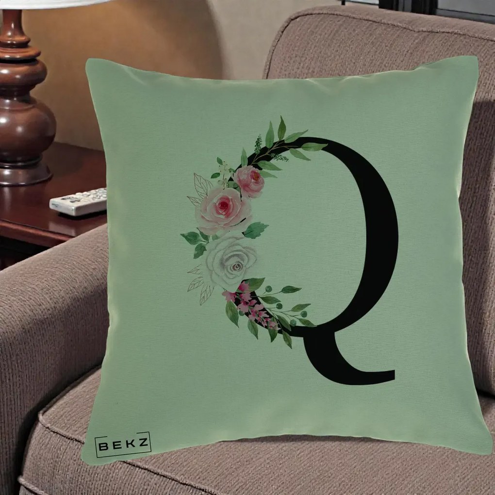 Cadou Personalizat - Perna Personalizata Monograma Florala Litera Q, 40x40 cm, Verde, Husa Detasabila, Perna Inclusa, BEKZ®