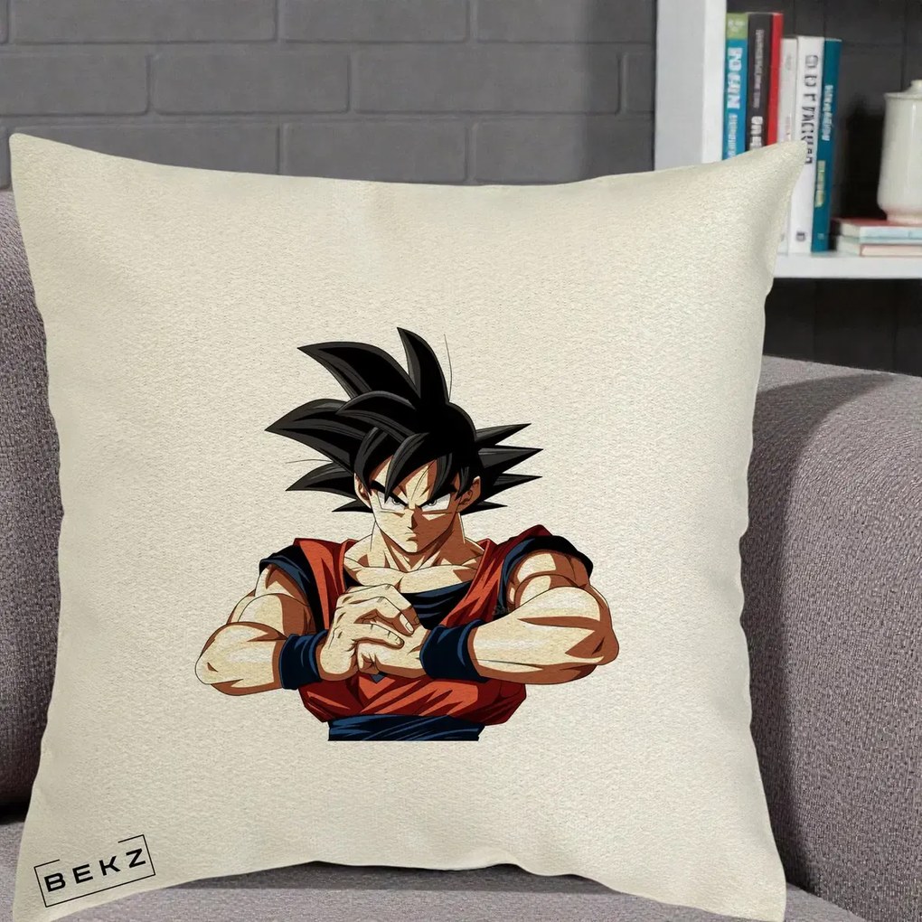 Perna Personalizata Dragon Ball Goku Portret Serios, 40x40 cm, Ecru, Husa Detasabila, Perna Inclusa, BEKZ®