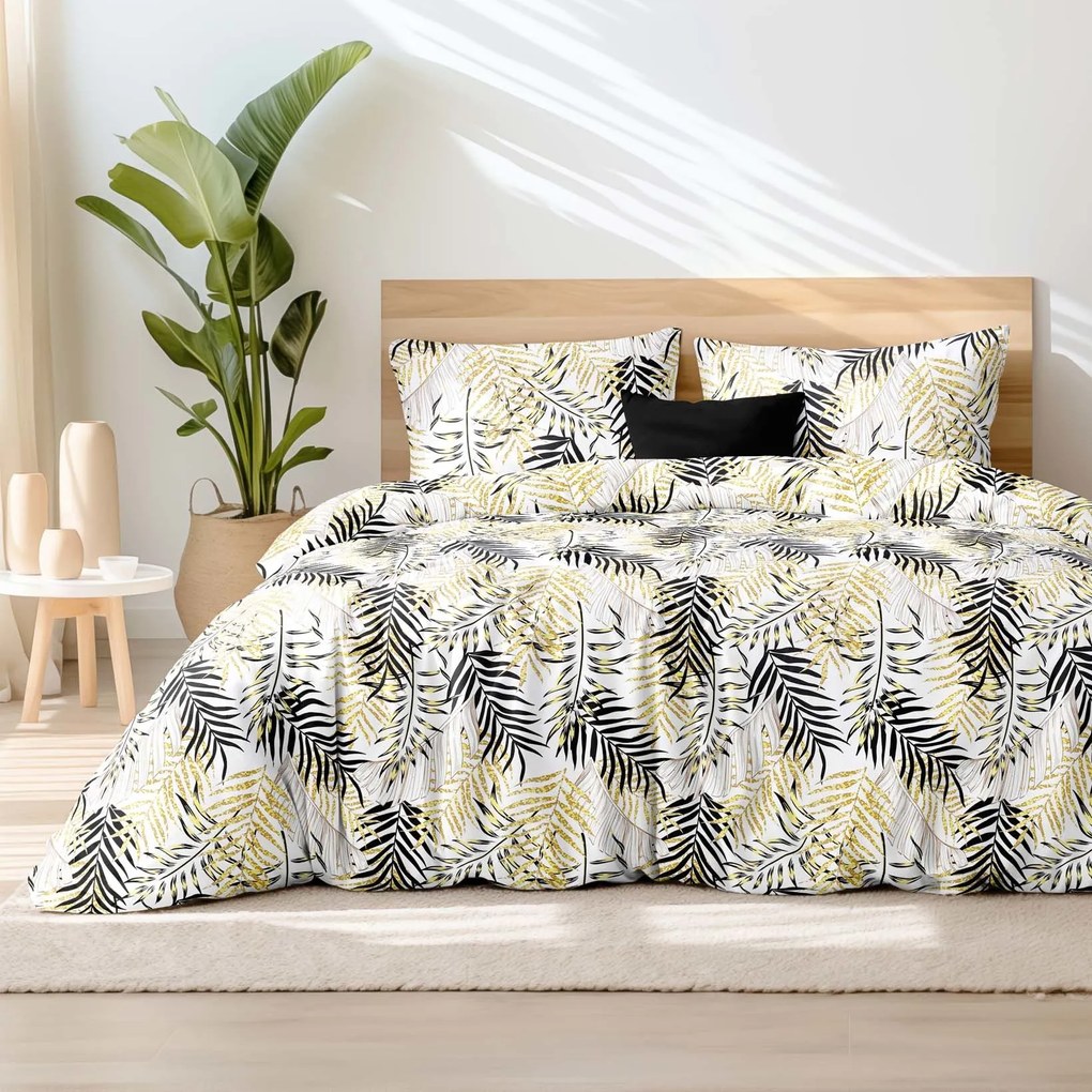 Goldea lenjerie de pat din bumbac satinat deluxe - frunze de palmier galbene și negre 140 x 200 și 50 x 70 cm