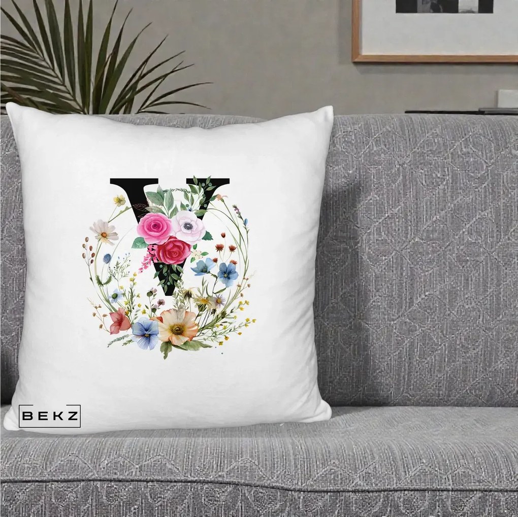 Cadou Personalizat - Perna Personalizata Monograma Florala Litera V cu Coroana, 40x40 cm, Alb Pufos, Husa Detasabila, Perna Inclusa, BEKZ®