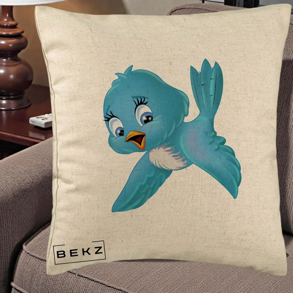 Perna Decorativa Pui de Pasare Albastru, 40x40 cm, Bej, Husa Detasabila, Perna Inclusa, BEKZ®
