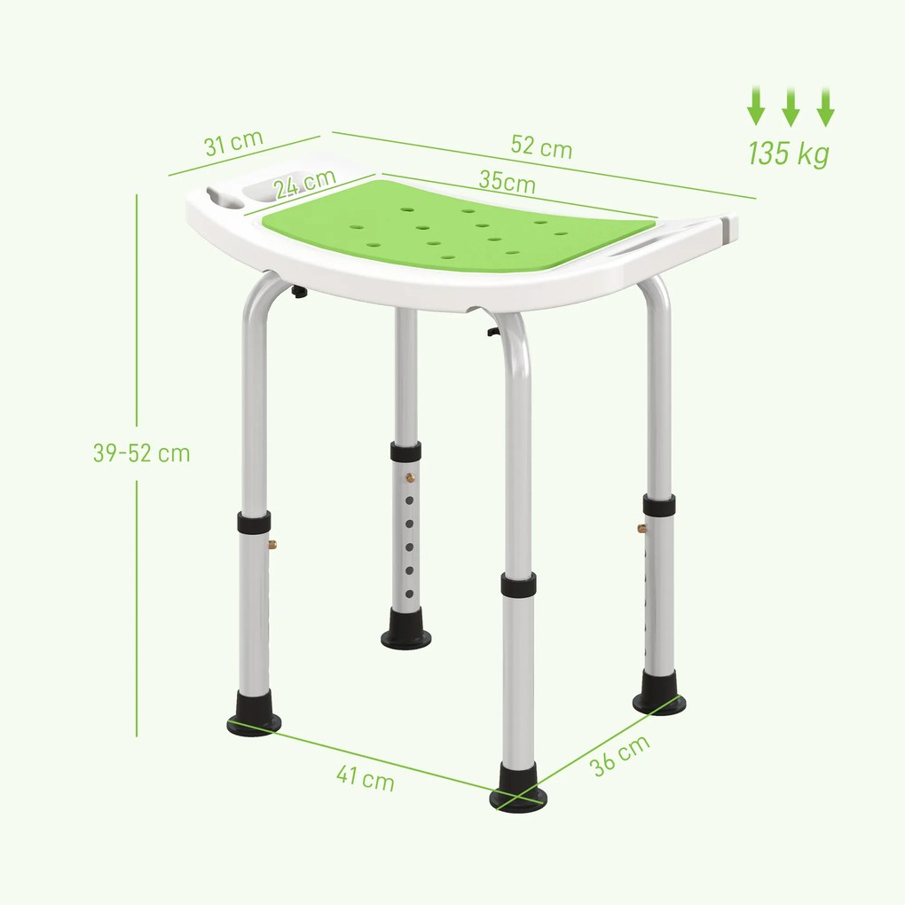 HOMCOM Taburet pentru Duș din Aluminiu și Plastic Antiderapant, Reglabil 6 Niveluri 39-52cm, Verde | Aosom Romania