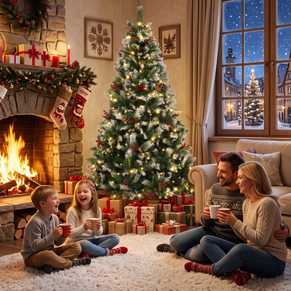 HOMCOM Brad de Crăciun Înzăpezit 210 cm, 400 de Lumini LED Bicolore, Telecomandă, 11 Modalități, 1253 de Ramuri, Conuri de Pin, Fructe Roșii | Aosom Romania