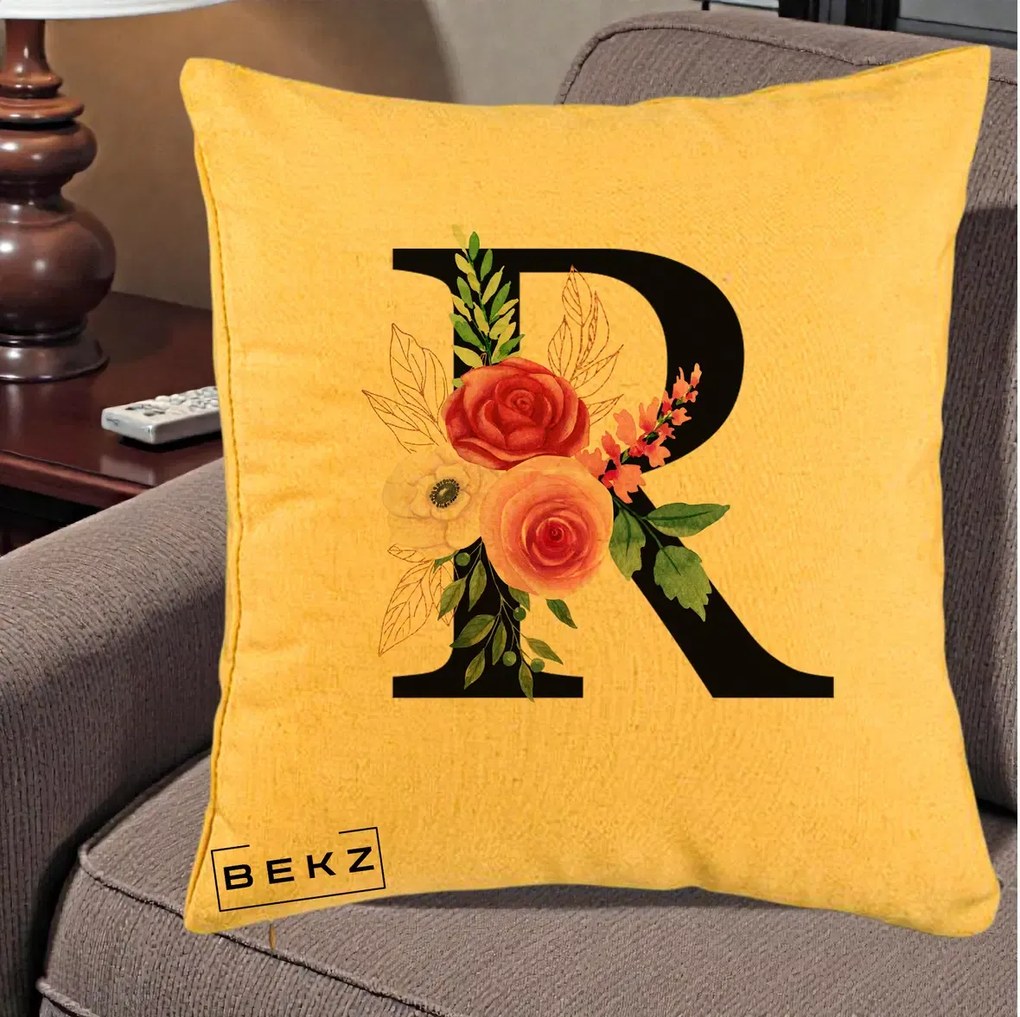 Cadou Personalizat - Perna Personalizata Monograma Florala Litera R, 40x40 cm, Galben, Husa Detasabila, Perna Inclusa, BEKZ®