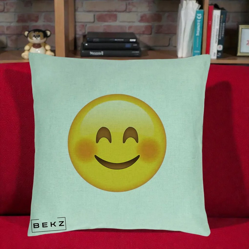 Perna Decorativa Emoji Fericit Roscat, 40x40 cm, Verde Menta, Husa Detasabila, Perna Inclusa, BEKZ®