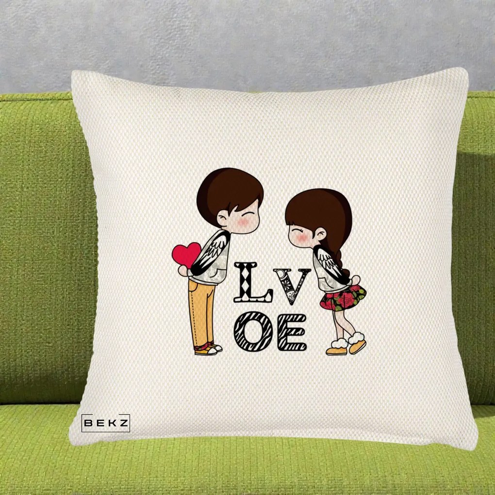 Cadou Romantic - Perna Personalizata Cuplu Kawaii LOVE, 40x40 cm, Crem Reliefat, Husa Detasabila, Perna Inclusa, BEKZ®