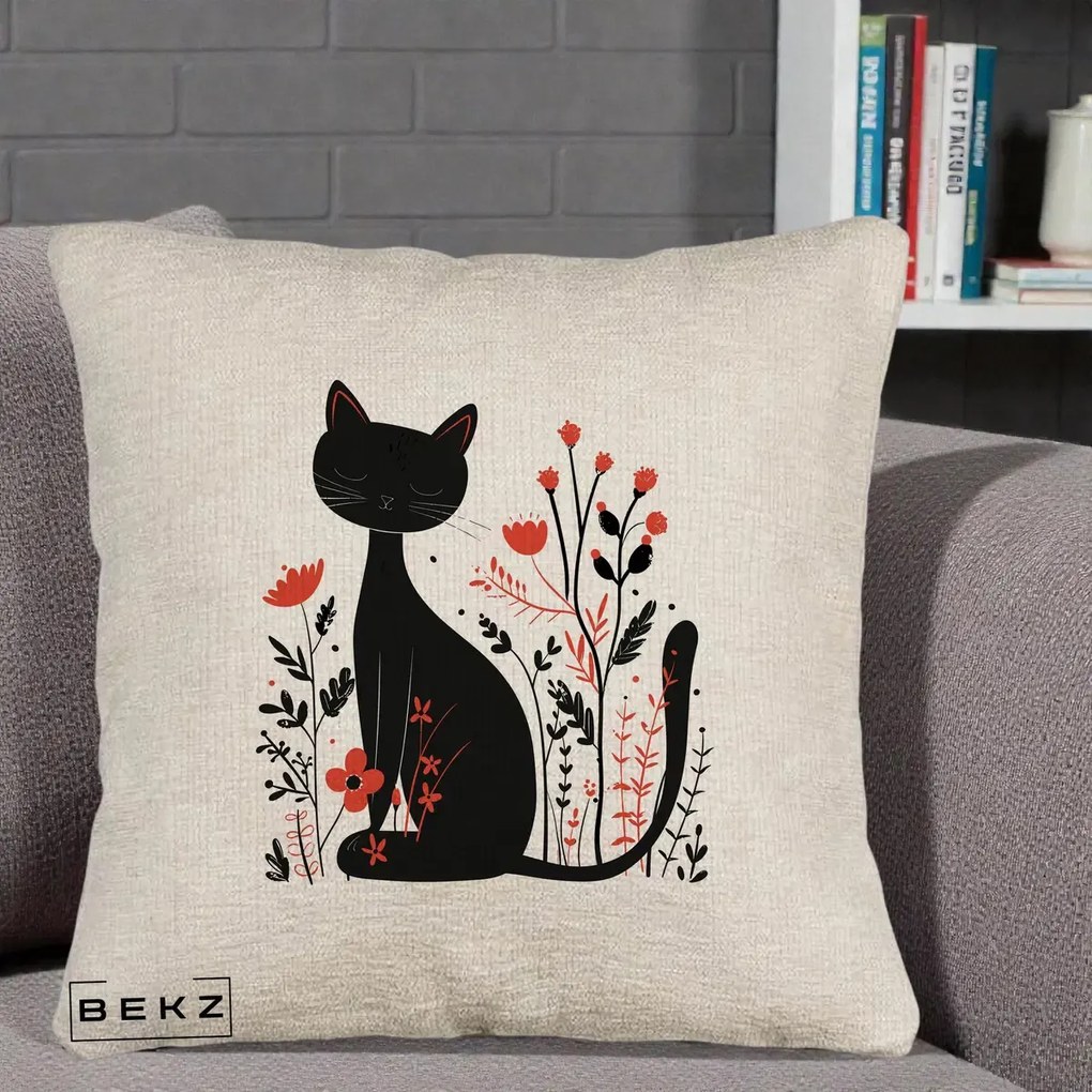Perna Decorativa Pisica Neagra Flori Rosii Folk Minimal, 40x40 cm, Bej Canapea, Husa Detasabila, Perna Inclusa, BEKZ®