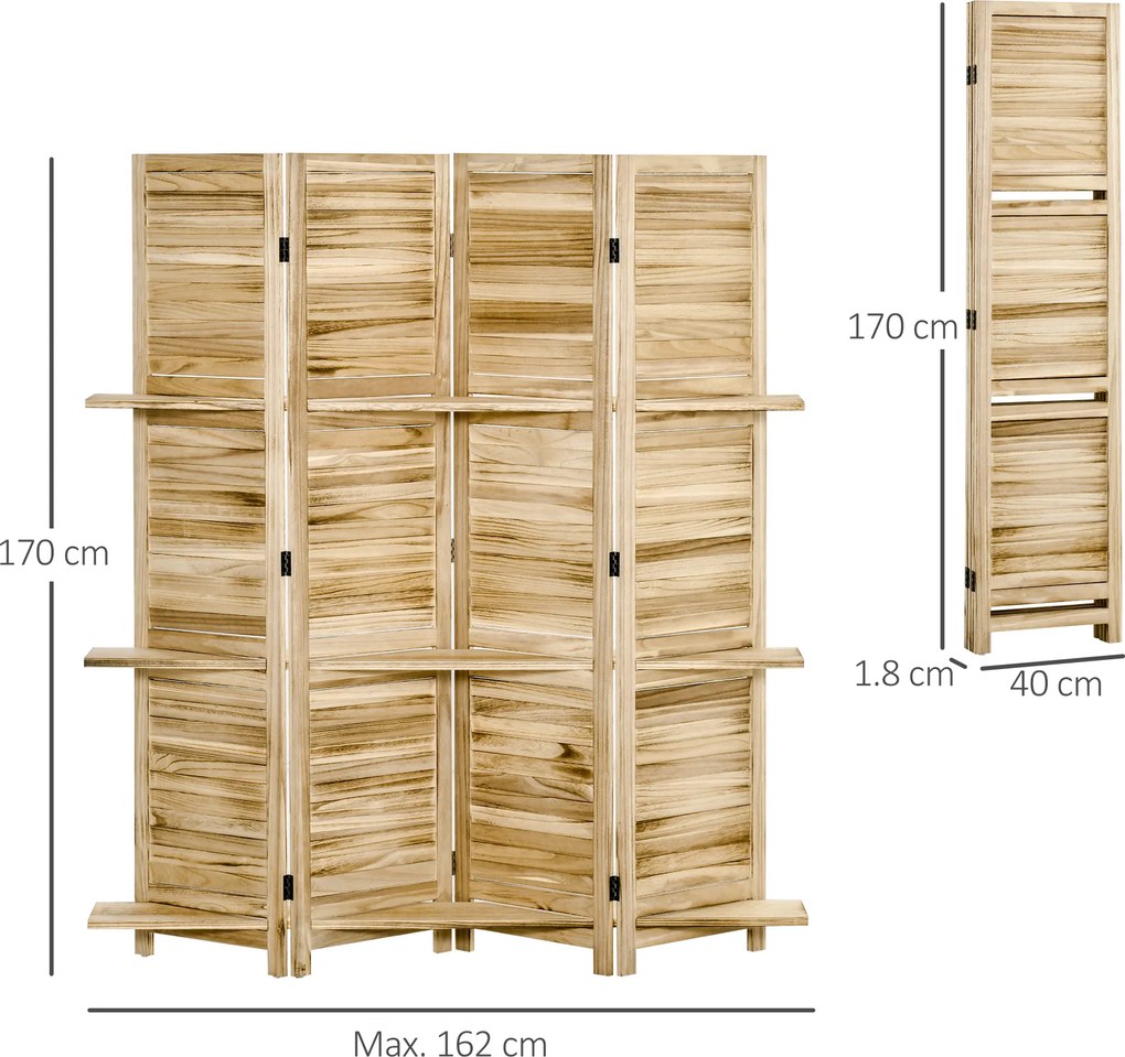 HOMCOM Paravan separator interior pliabil cu 4 panouri și rafturi din lemn de paulownia, 162x170 cm, Lemn | Aosom Romania