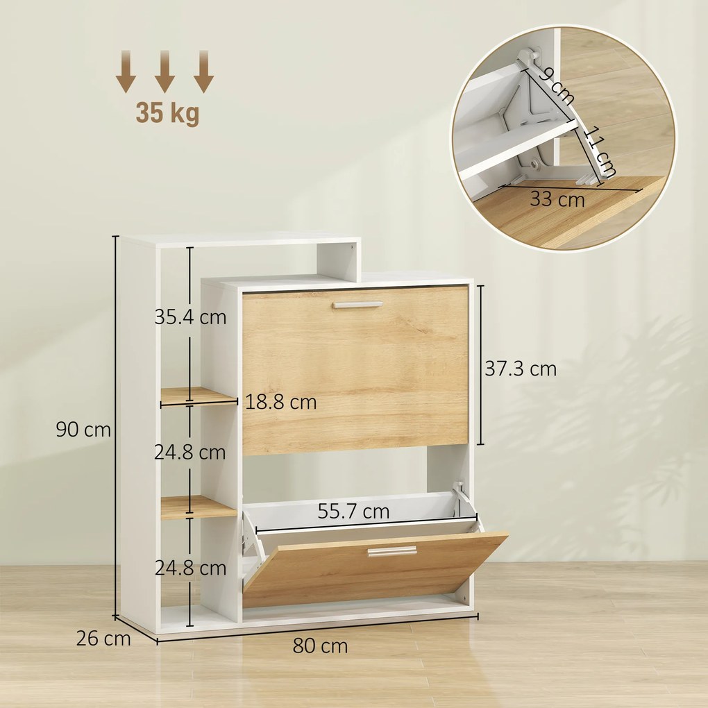 HOMCOM Dulap Slim pentru Pantofi cu 2 Sertare Rabatabile, Dulap Intrare cu Rafturi Reglabile, 3 Rafturi Deschise, Spațiu pentru 8 Perechi de Pantofi, Alb și Lemn Natural, 80x26x90 cm | Aosom Romania