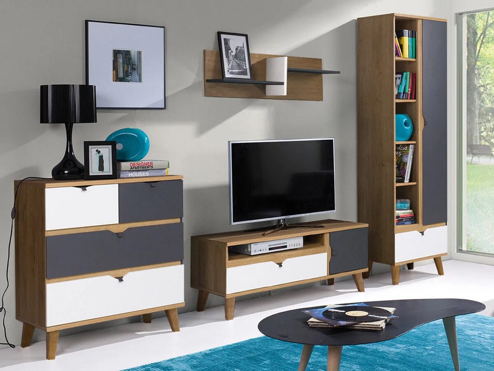 Camera de zi Providence E118Alb, Stejar auriu, Grafit, Cu comodă tv, Cu componente suplimentare, Părți separate, PAL laminat, 200x40cm, 116 kg