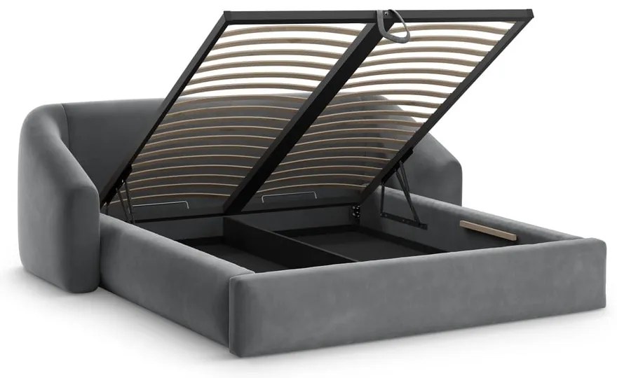 Pat matrimonial gri tapițat cu spațiu de depozitare cu somieră 180x200 cm Campi – Cosmopolitan Design