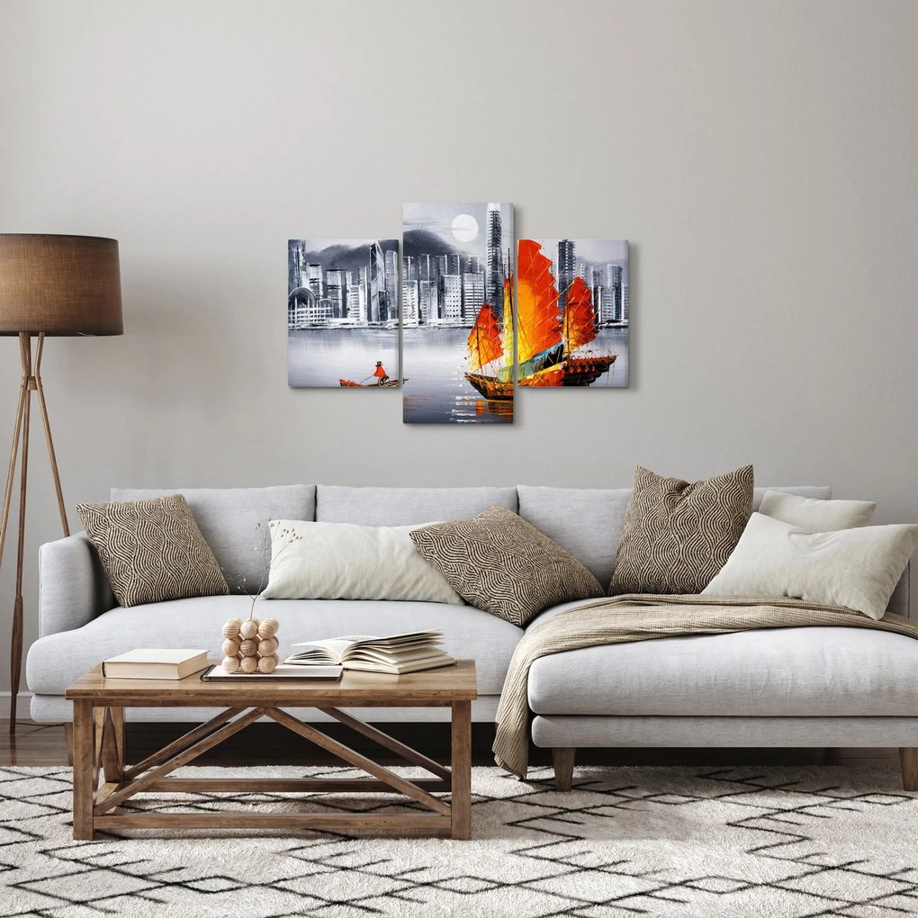 Tablou - Victoria Harbour, Hong Kong, pictură în ulei alb- negru (90x60 cm)