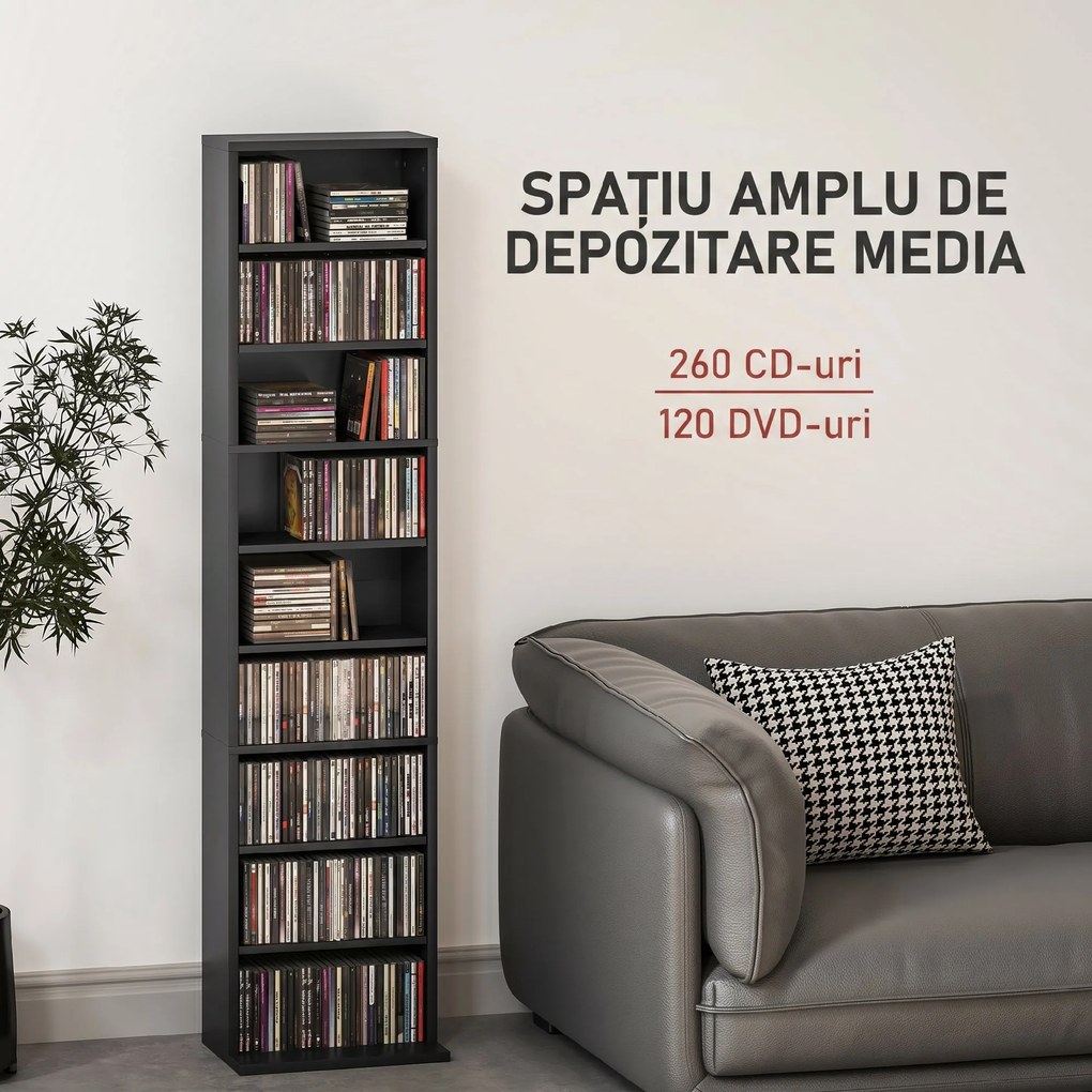 HOMCOM Raft Port CD cu 6 Rafturi Reglabile pentru 260 CD-uri/120 DVD-uri Negru | Aosom Romania
