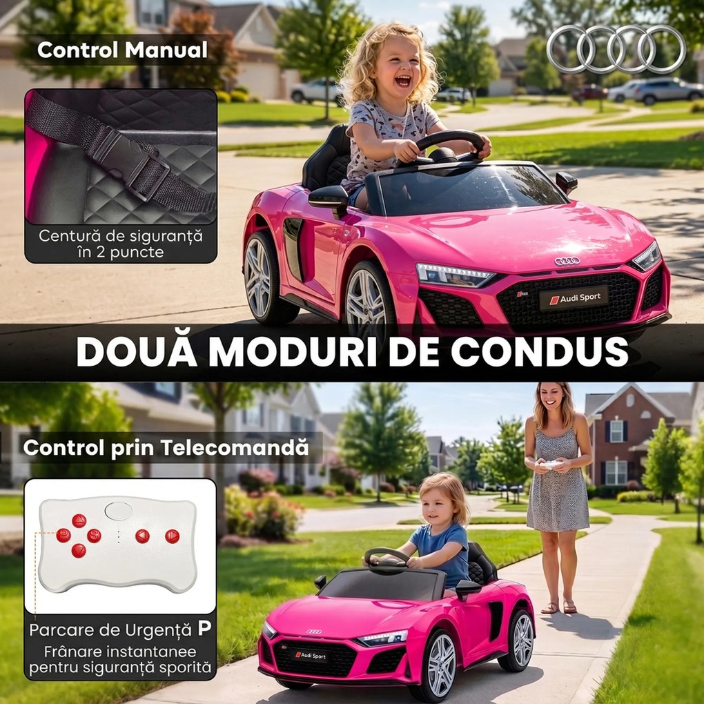 AIYAPLAY Mașinuță Electrică pentru Copii 12V Audi R8 Spyder, 3+ Ani, 3-5 km/h, cu 2 Motoare și Telecomandă, Roz | Aosom Romania