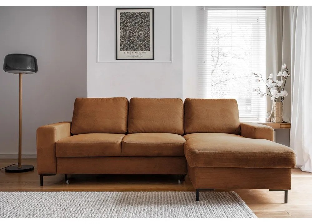 Colțar portocaliu/maro extensibil cu tapițerie din catifea reiată (cu colț pe partea dreaptă) Lofty Lilly – Miuform