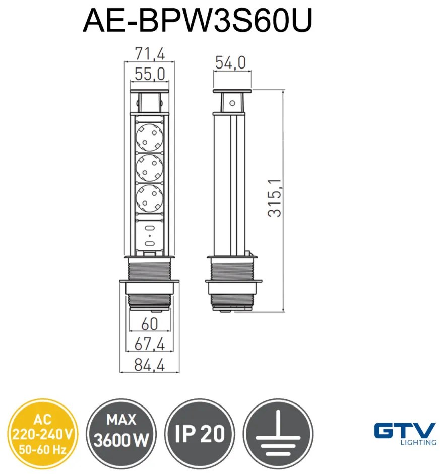 Priza turn incastrabila in blat, 3 prize schuko 2 USB 5V 2.1A, cablu 1.5m, neagra, GTV