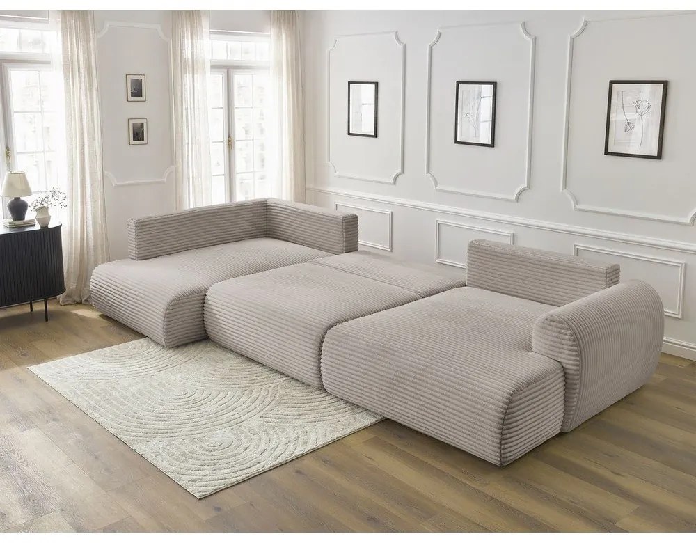 Colțar gri deschis/bej extensibil/cu spațiu de depozitare cu tapițerie din catifea reiată (cu colț pe partea stângă/în formă de "U") Lucien – Bobochic Paris